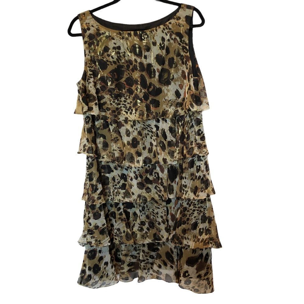 S.L. Fashions Midi Dress tiered ruffle sleeveless leopard print gold/black 14W